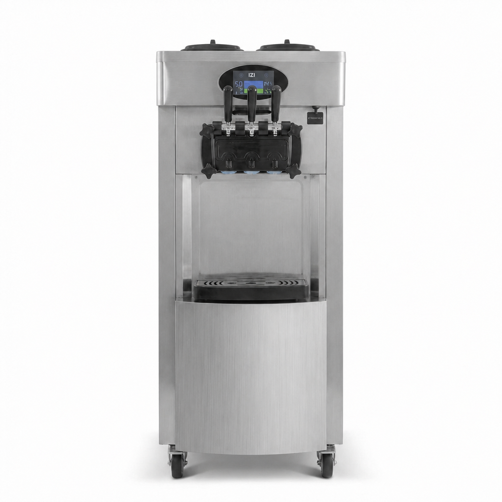 Soft serve ice cream machine with 3 handles, air pump and pre-cooling, production up to 28L.