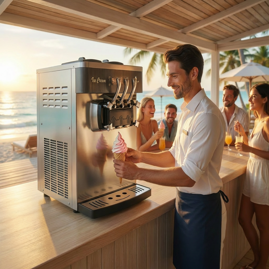 Soft serve ice cream machine with 3 handles, air pump and pre-cooling, production up to 28L per hour.