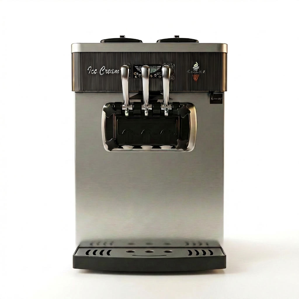 Soft serve ice cream machine with 3 handles, air pump and pre-cooling, production up to 28L per hour.