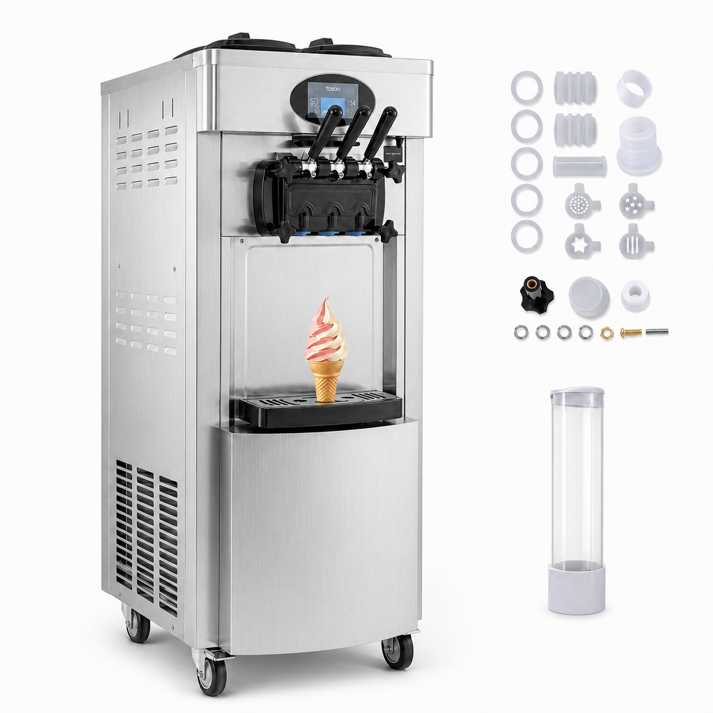 Soft serve ice cream machine with 3 handles, air pump and pre-cooling, production up to 28L.