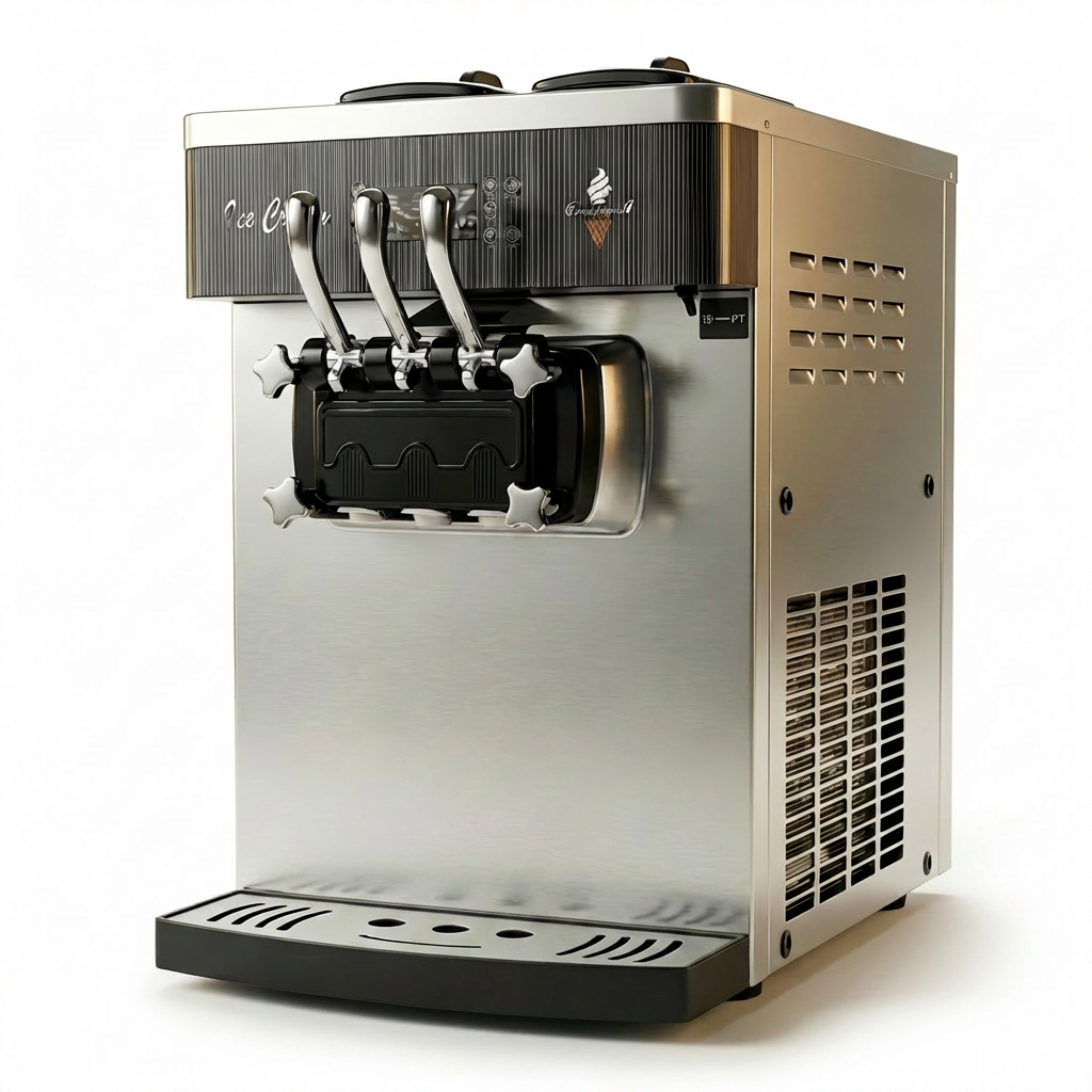 Soft serve ice cream machine with 3 handles, air pump and pre-cooling, production up to 28L per hour.