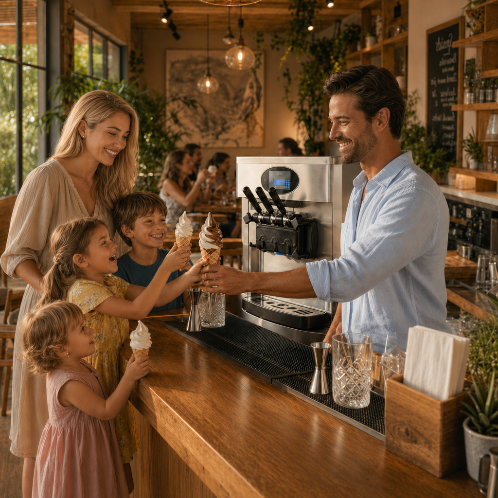 Soft serve ice cream machine with 3 handles, air pump and pre-cooling, production up to 28L.