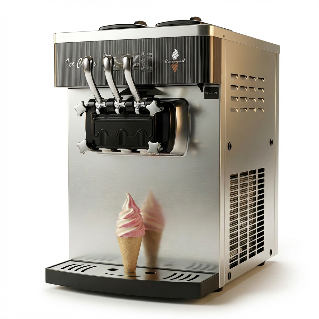 Soft serve ice cream machine with 3 handles, air pump and pre-cooling, production up to 28L per hour.
